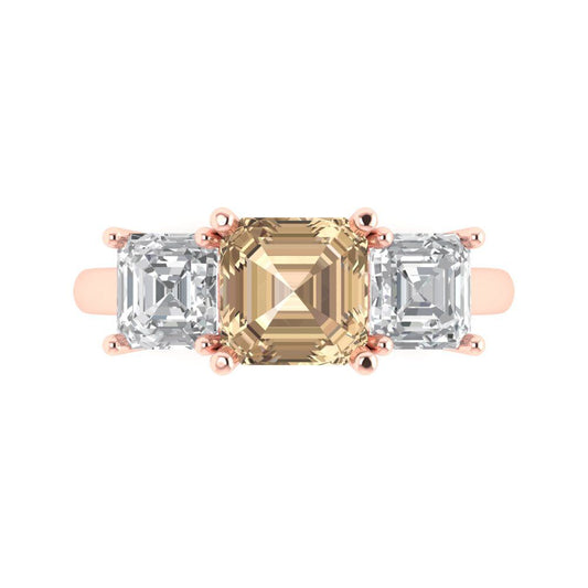 4 cttw Yellow Moissanite Three-Stone Engagement Ring - Solid Rose Gold (VVS1, Square Emerald Cut,7.0X7.0mm)