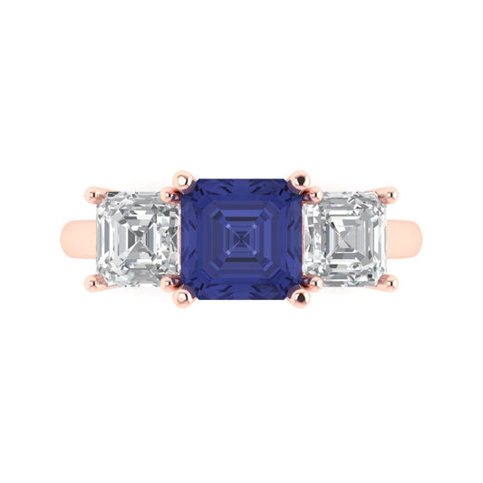 4 cttw Simulated Tanzanite Three-Stone Engagement Ring - Solid Rose Gold (VVS1, Square Emerald Cut,7.0X7.0mm)