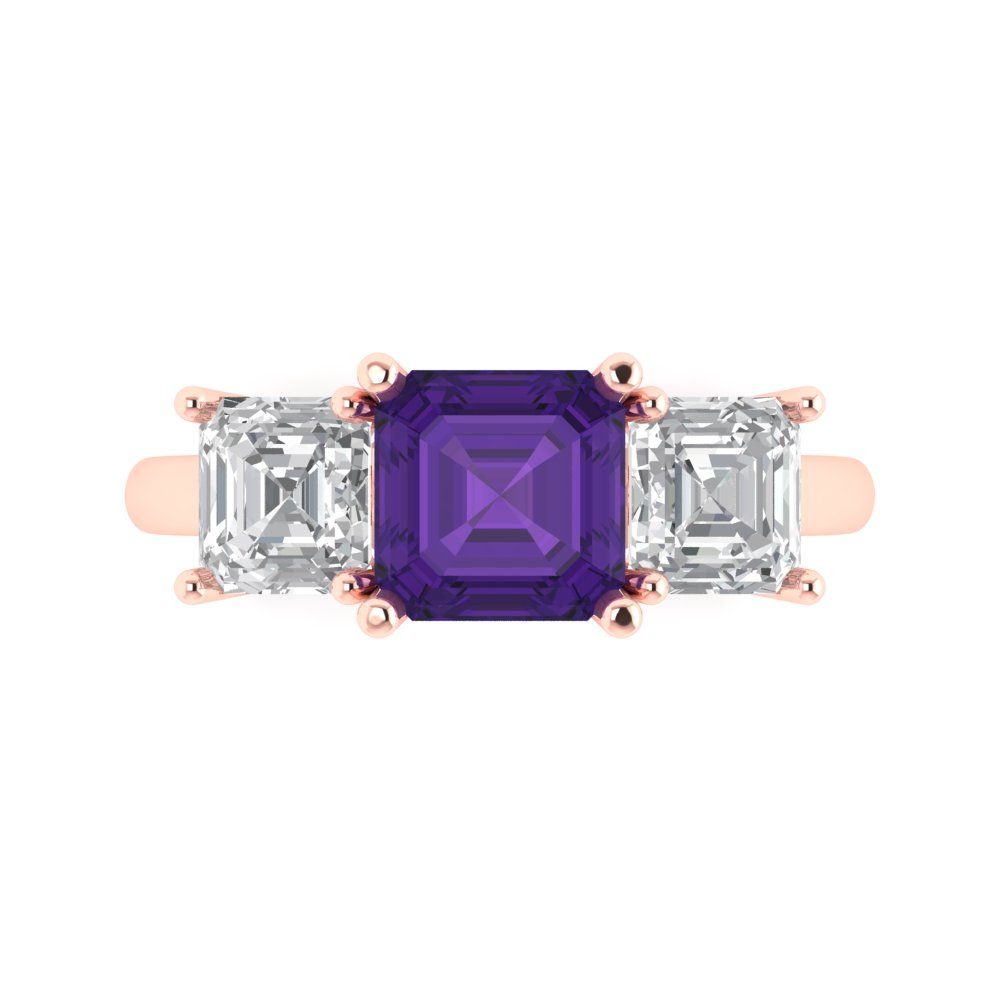 4 cttw Natural Amethyst Three-Stone Engagement Ring - Solid Gold (Square Emerald Cut,7.0X7.0mm)