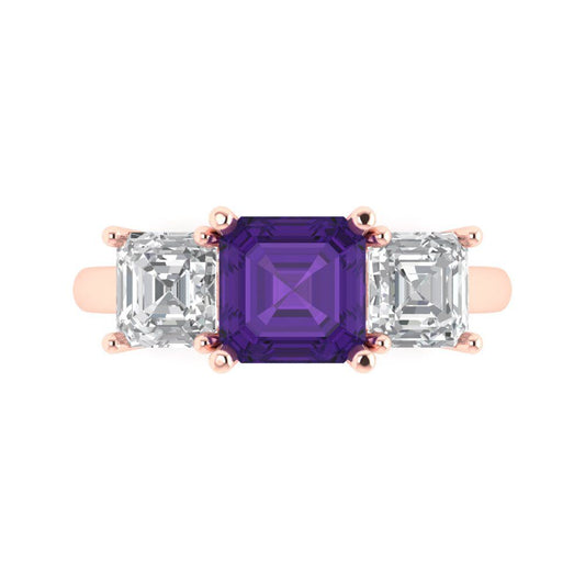4 cttw Natural Amethyst Three-Stone Engagement Ring - Solid Rose Gold (VVS1, Square Emerald Cut,7.0X7.0mm)