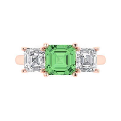 4 cttw Zirconia Simulated Green Diamond Three-Stone Engagement Ring - Solid Gold (VVS1, Square Emerald Cut,7.0X7.0mm)