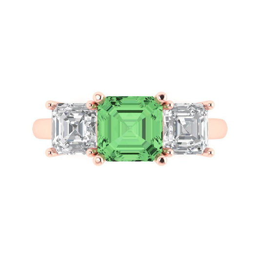 4 cttw Zirconia Simulated Green Diamond Three-Stone Engagement Ring - Solid Rose Gold (VVS1, Square Emerald Cut,7.0X7.0mm)