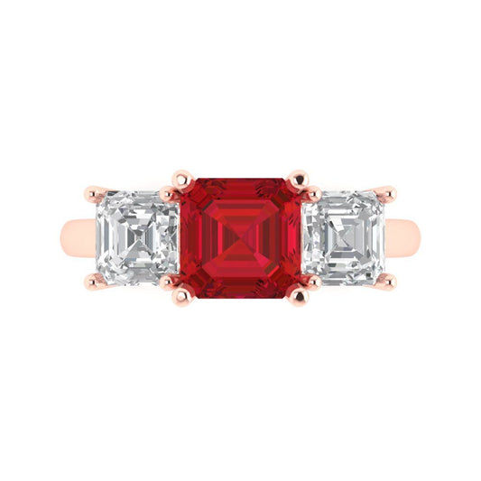 4 cttw Simulated Ruby Three-Stone Engagement Ring - Solid Rose Gold (VVS1, Square Emerald Cut,7.0X7.0mm)