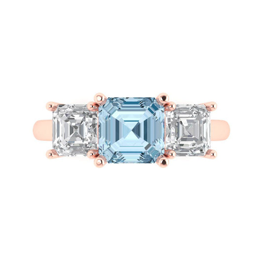 4 cttw Natural Aquamarine Three-Stone Engagement Ring - Solid Rose Gold (VVS1, Square Emerald Cut,7.0X7.0mm)