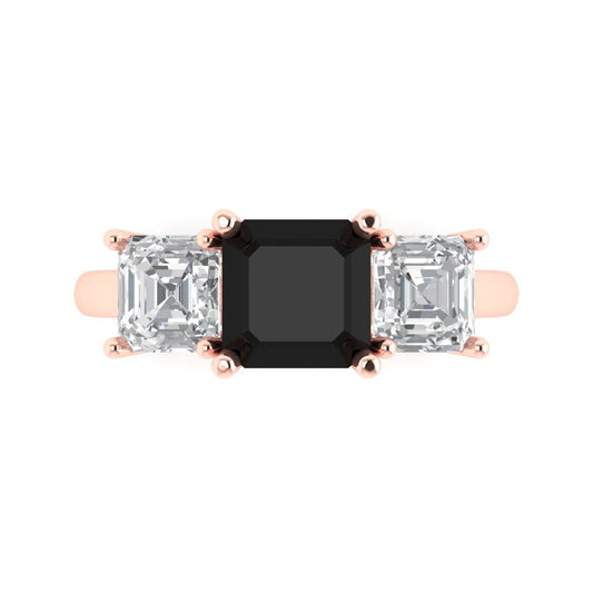 4 cttw Natural Onyx Three-Stone Engagement Ring - Solid Rose Gold (VVS1, Square Emerald Cut,7.0X7.0mm)