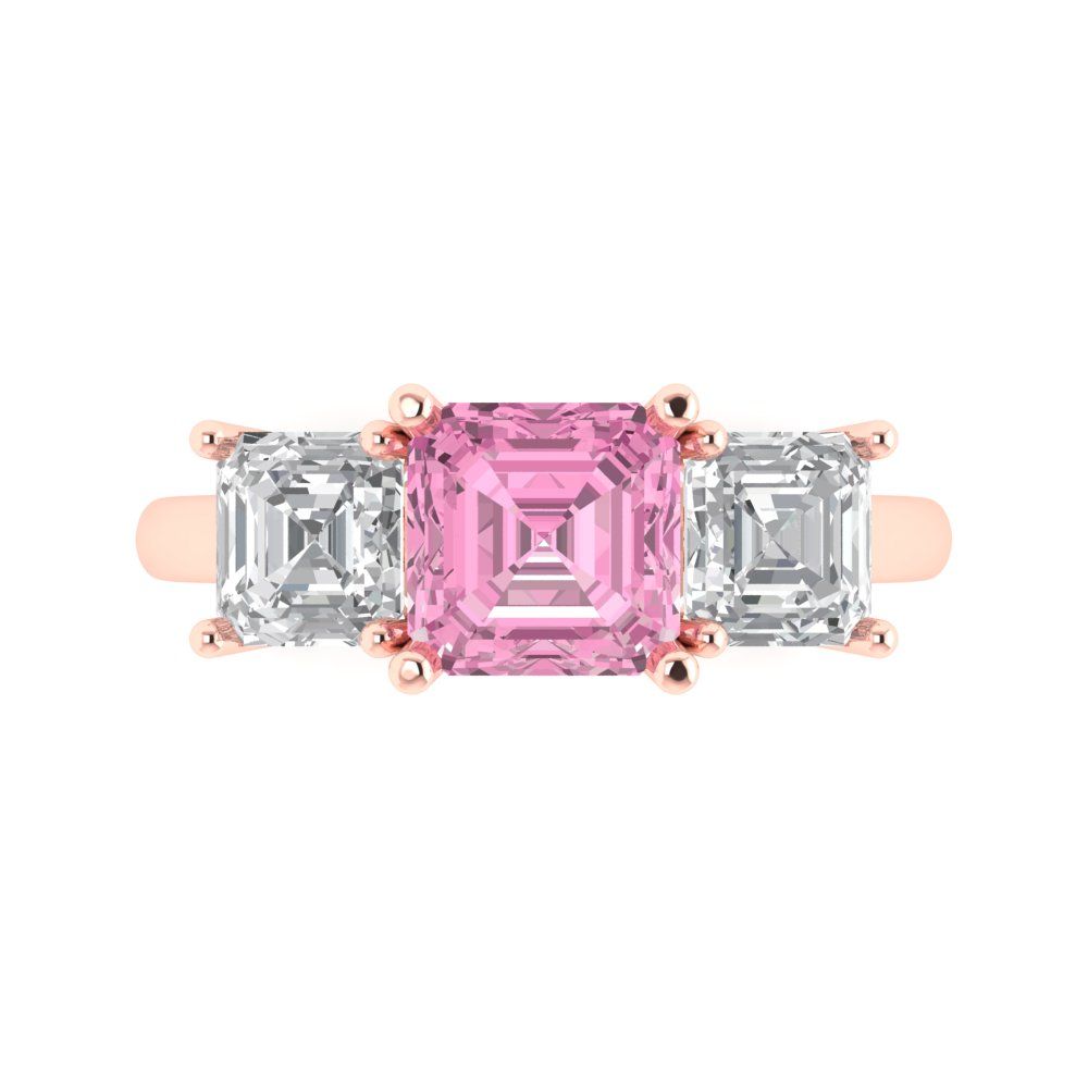 4 cttw Zirconia Simulated Pink Diamond Three-Stone Engagement Ring - Solid Gold (VVS1, Square Emerald Cut,7.0X7.0mm)