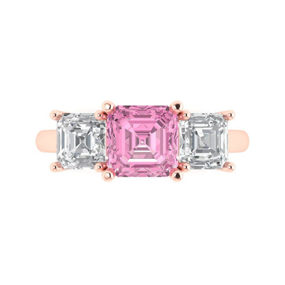 4 cttw Zirconia Simulated Pink Diamond Three-Stone Engagement Ring - Solid Gold (VVS1, Square Emerald Cut,7.0X7.0mm)