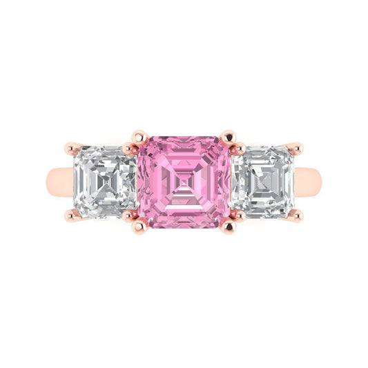 4 cttw Zirconia Simulated Pink Diamond Three-Stone Engagement Ring - Solid Rose Gold (VVS1, Square Emerald Cut,7.0X7.0mm)