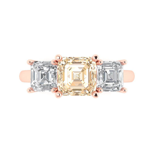 4 cttw Natural Morganite Three-Stone Engagement Ring - Solid Rose Gold (VVS1, Square Emerald Cut,7.0X7.0mm)