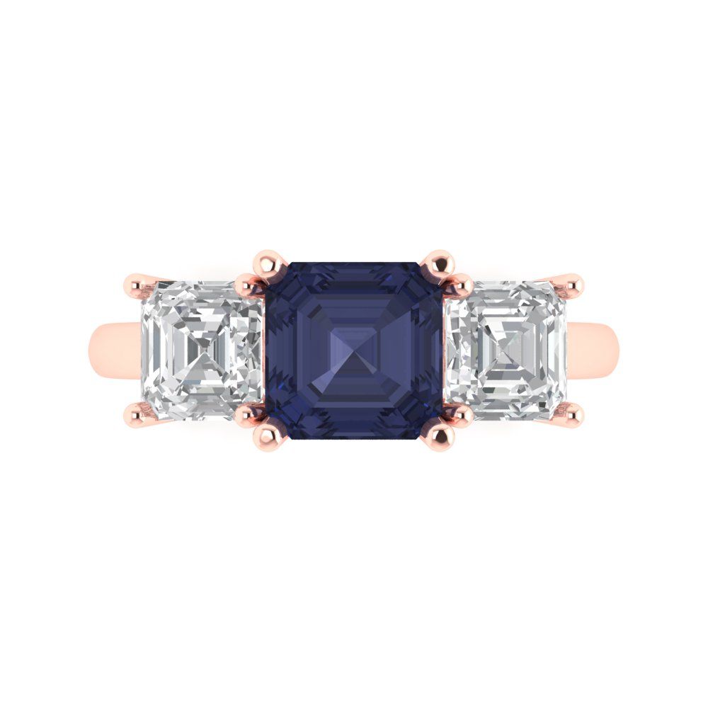 4 cttw Simulated Blue Sapphire Three-Stone Engagement Ring - Solid Gold (Square Emerald Cut,7.0X7.0mm)
