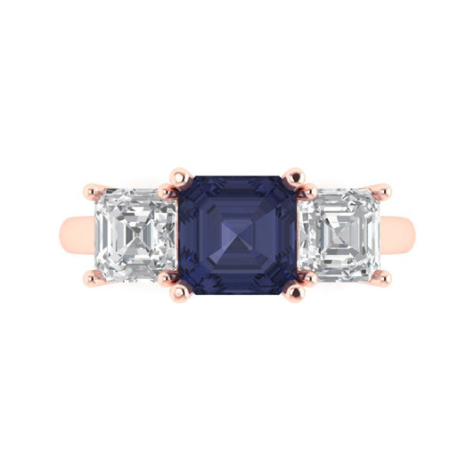 4 cttw Simulated Blue Sapphire Three-Stone Engagement Ring - Solid Rose Gold (VVS1, Square Emerald Cut,7.0X7.0mm)