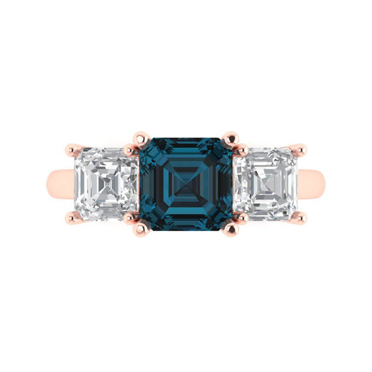 4 cttw Natural London Blue Topaz Three-Stone Engagement Ring - Solid Rose Gold (VVS1, Square Emerald Cut,7.0X7.0mm)