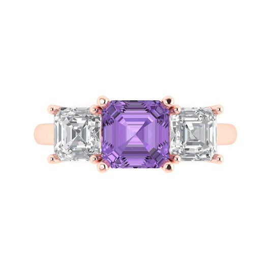 4 cttw Simulated Alexandrite Three-Stone Engagement Ring - Solid Rose Gold (VVS1, Square Emerald Cut,7.0X7.0mm)