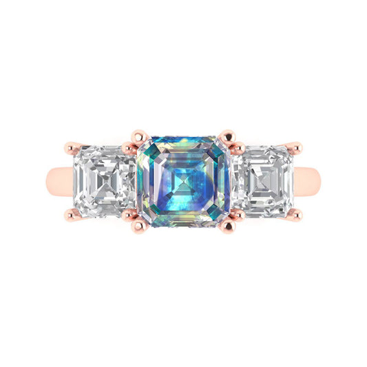 4 cttw Blue Moissanite Three-Stone Engagement Ring - Solid Rose Gold (VVS1, Square Emerald Cut,7.0X7.0mm)