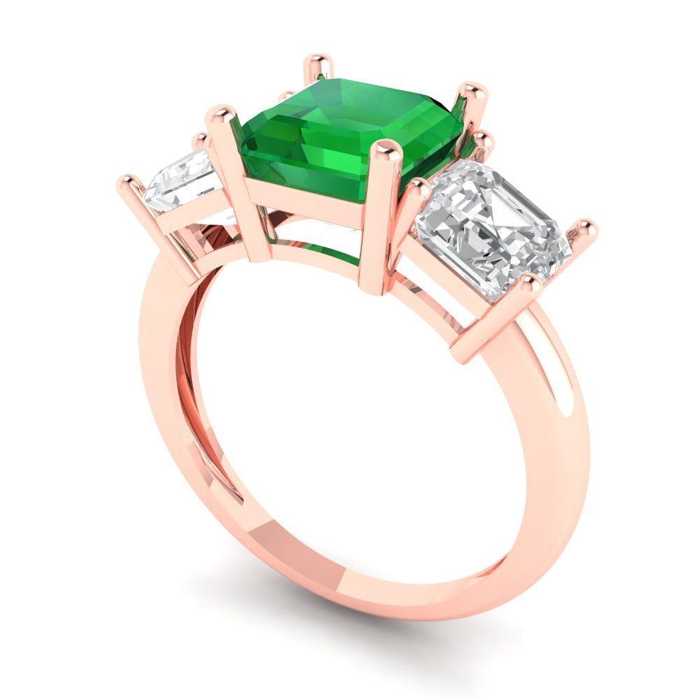 4 cttw Simulated Emerald Three-Stone Engagement Ring - Solid Gold (Square Emerald Cut,7.0X7.0mm)