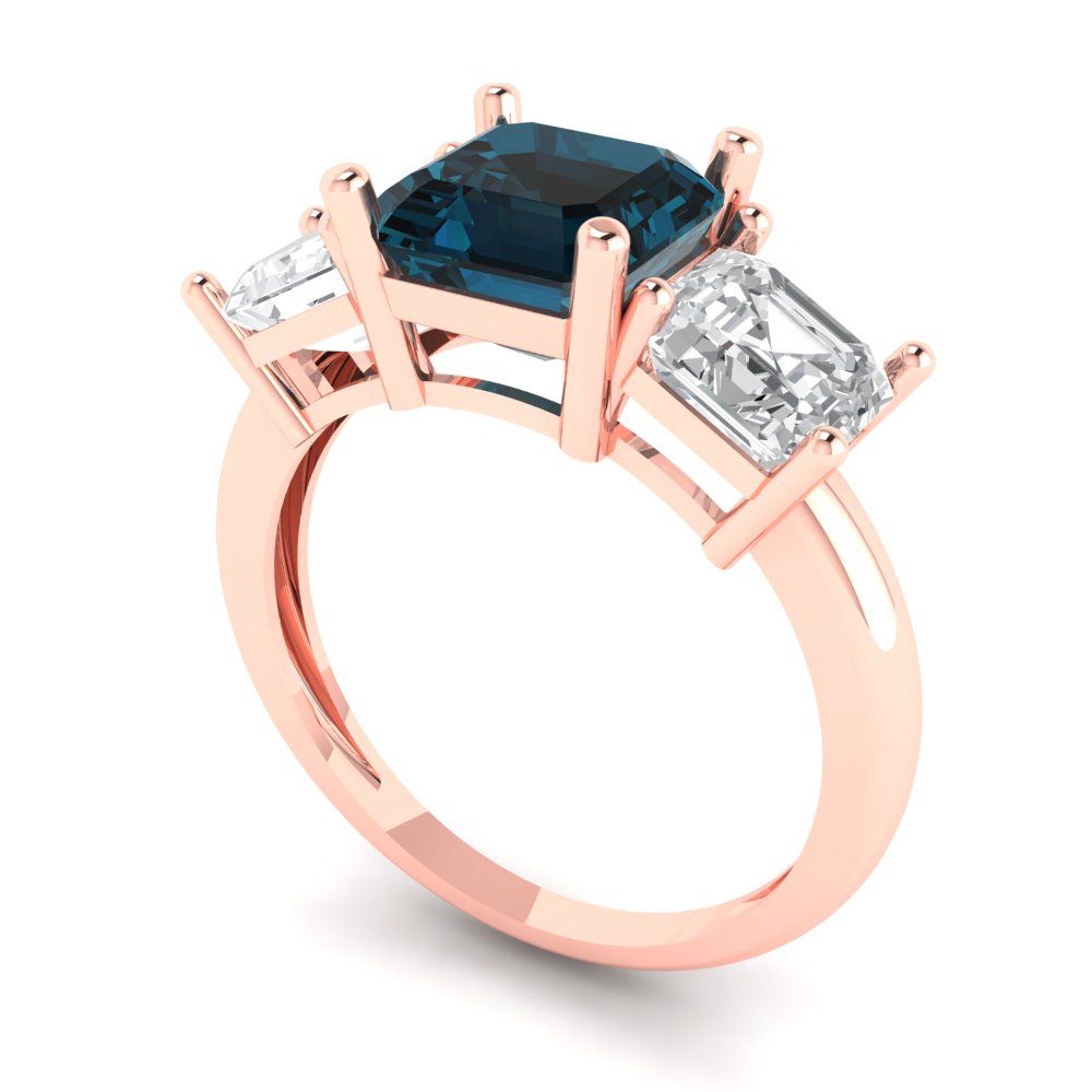 4 cttw Natural London Blue Topaz Three-Stone Engagement Ring - Solid Gold (Square Emerald Cut,7.0X7.0mm)