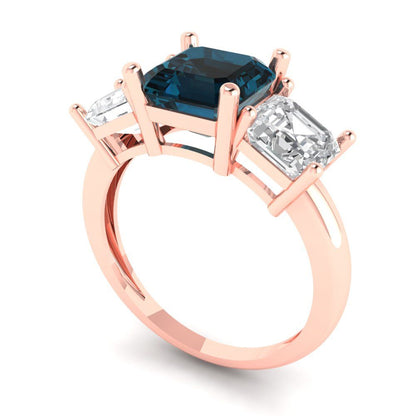 4 cttw Natural London Blue Topaz Three-Stone Engagement Ring - Solid Gold (Square Emerald Cut,7.0X7.0mm)