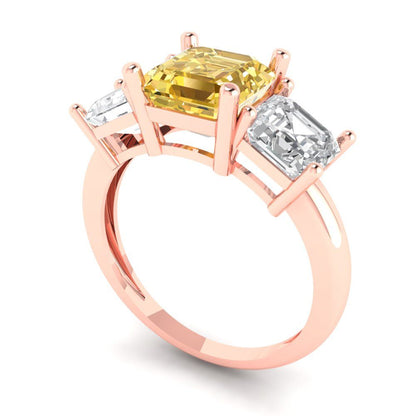 4 cttw Zirconia Simulated Yellow Diamond Three-Stone Engagement Ring - Solid Gold (VVS1, Square Emerald Cut,7.0X7.0mm)