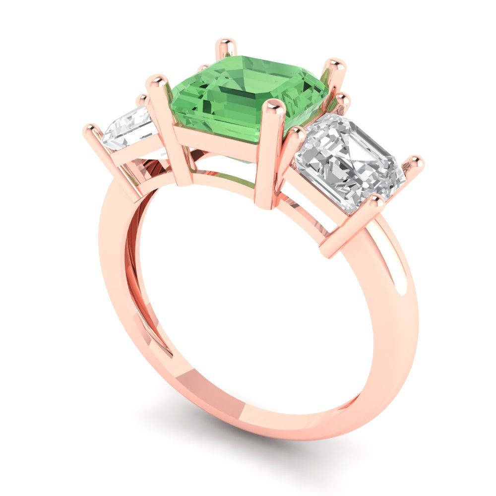 4 cttw Zirconia Simulated Green Diamond Three-Stone Engagement Ring - Solid Gold (VVS1, Square Emerald Cut,7.0X7.0mm)