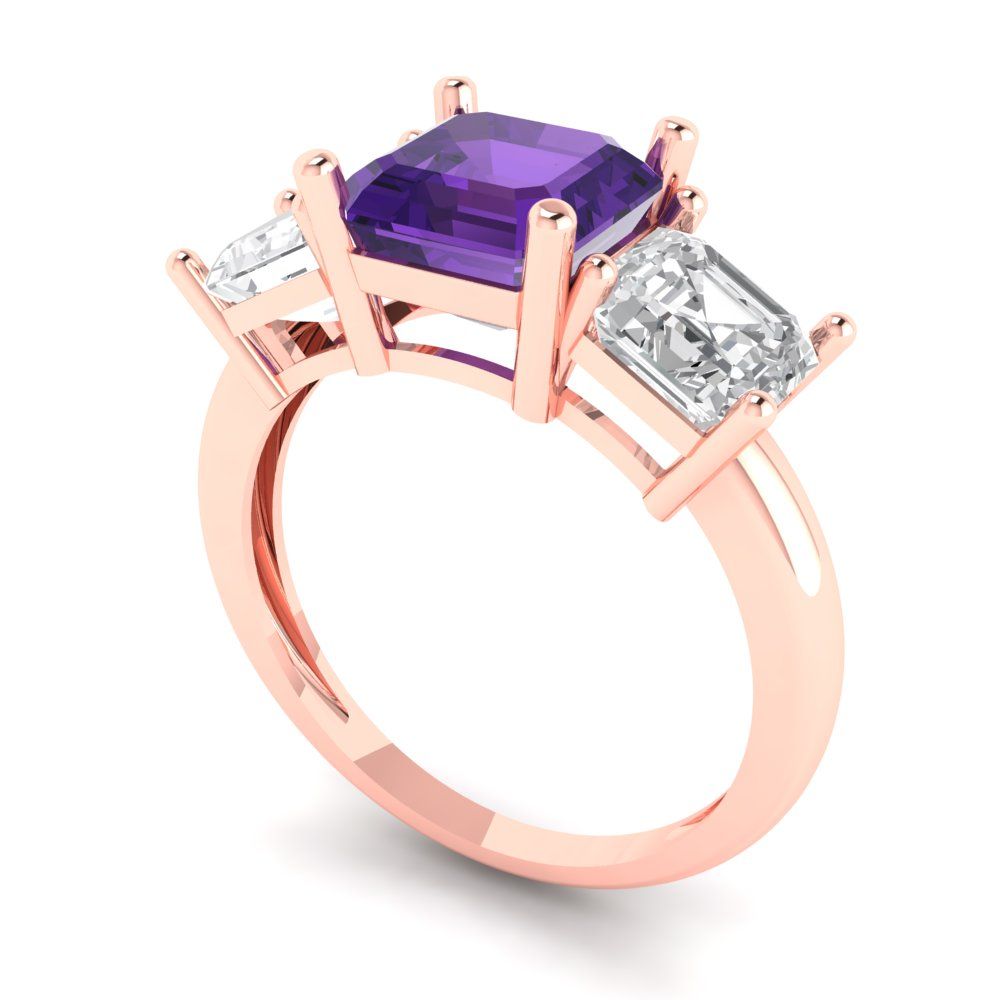 4 cttw Natural Amethyst Three-Stone Engagement Ring - Solid Gold (Square Emerald Cut,7.0X7.0mm)