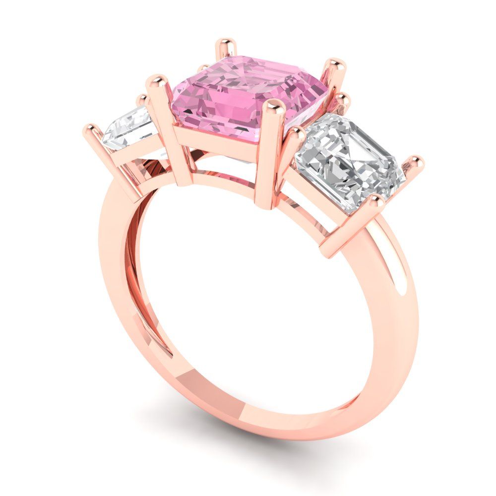 4 cttw Zirconia Simulated Pink Diamond Three-Stone Engagement Ring - Solid Gold (VVS1, Square Emerald Cut,7.0X7.0mm)