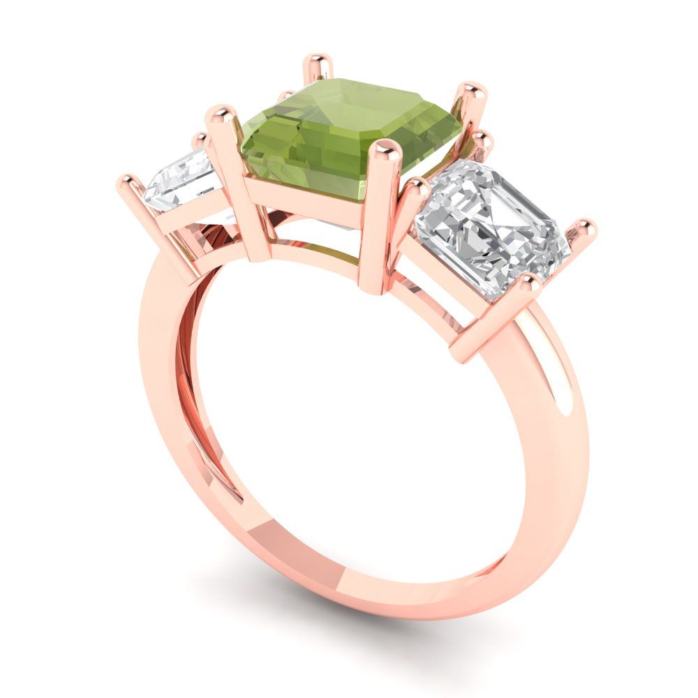 4 cttw Natural Peridot Three-Stone Engagement Ring - Solid Gold (Square Emerald Cut,7.0X7.0mm)