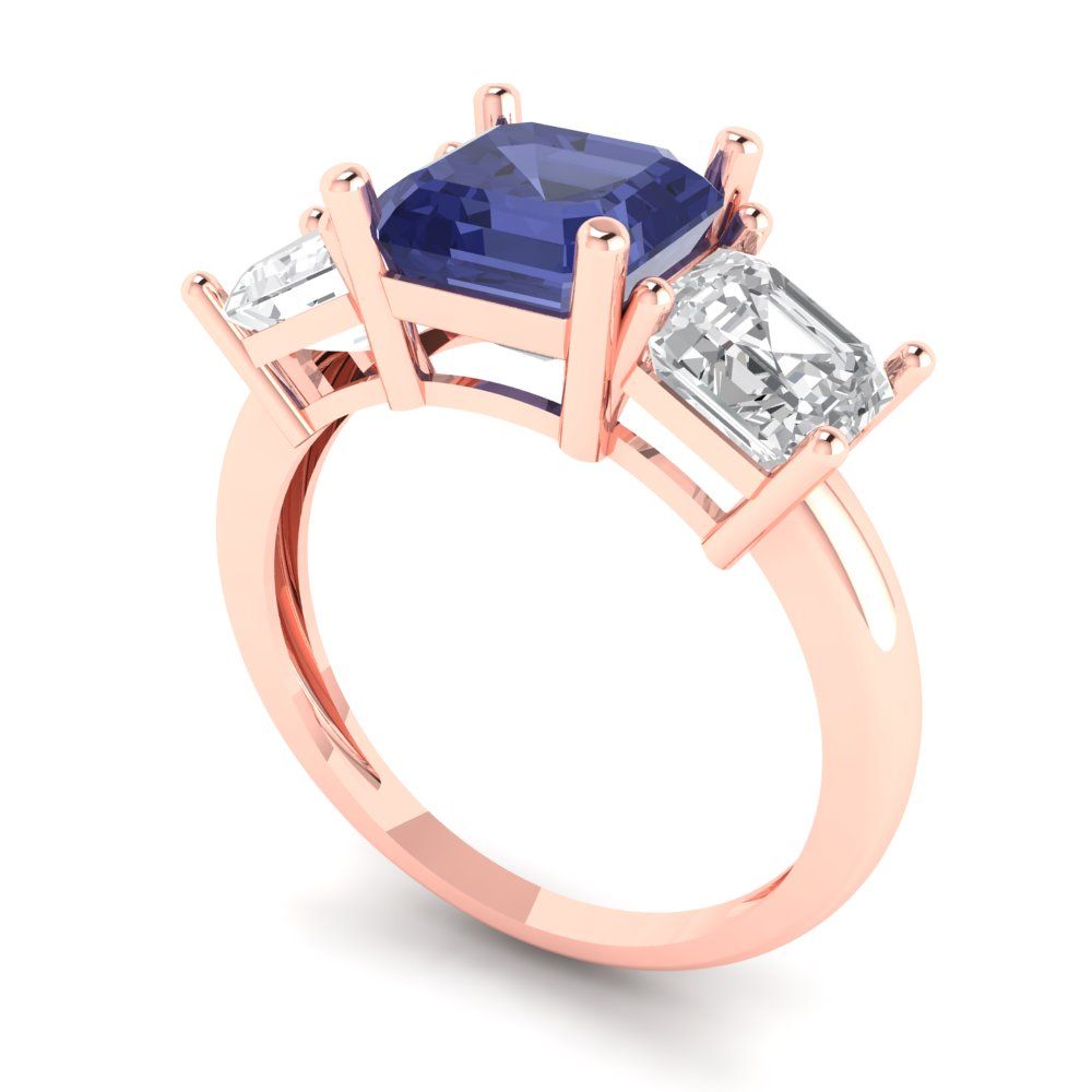 4 cttw Simulated Tanzanite Three-Stone Engagement Ring - Solid Gold (Square Emerald Cut,7.0X7.0mm)