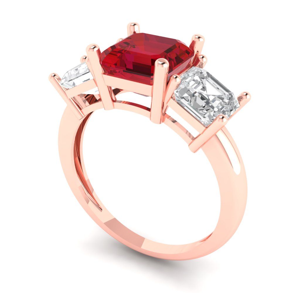 4 cttw Simulated Pink Tourmaline Three-Stone Engagement Ring - Solid Gold (Square Emerald Cut,7.0X7.0mm)