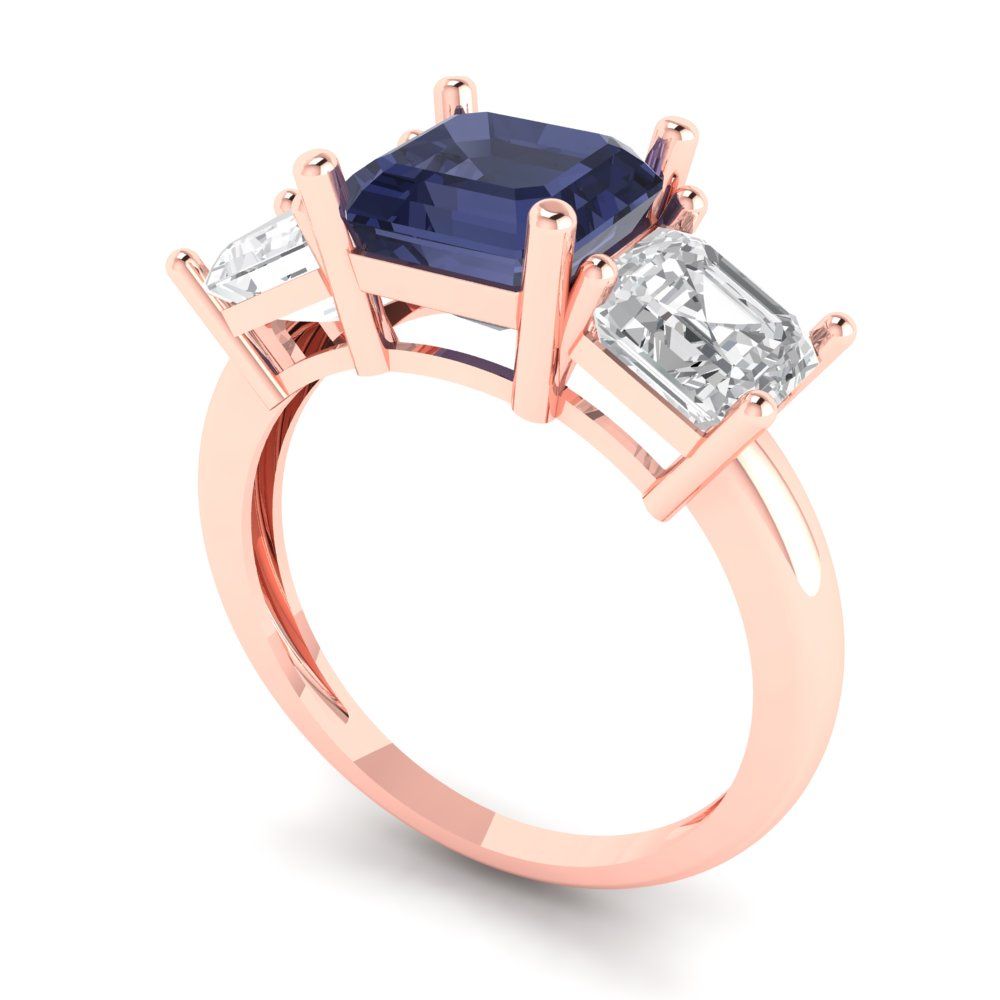 4 cttw Simulated Blue Sapphire Three-Stone Engagement Ring - Solid Gold (Square Emerald Cut,7.0X7.0mm)