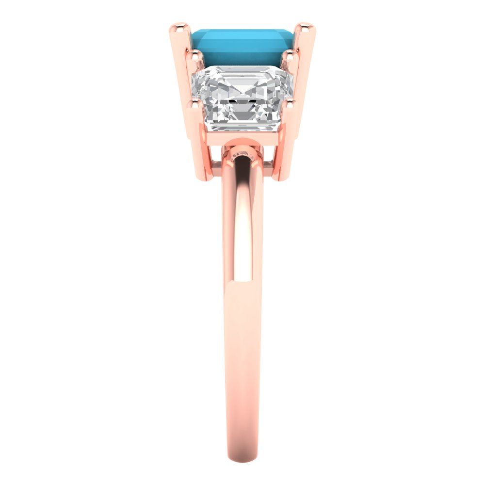 4 cttw Simulated Turquoise Three-Stone Engagement Ring - Solid Gold (Square Emerald Cut,7.0X7.0mm)