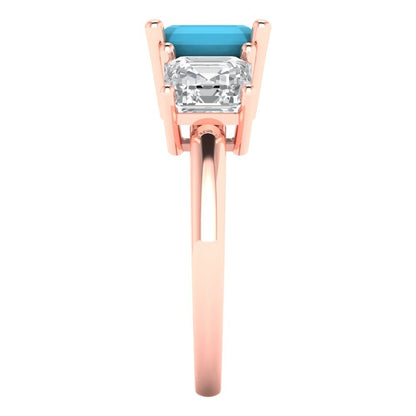 4 cttw Simulated Turquoise Three-Stone Engagement Ring - Solid Gold (Square Emerald Cut,7.0X7.0mm)
