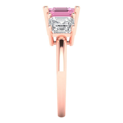 4 cttw Zirconia Simulated Pink Diamond Three-Stone Engagement Ring - Solid Gold (VVS1, Square Emerald Cut,7.0X7.0mm)