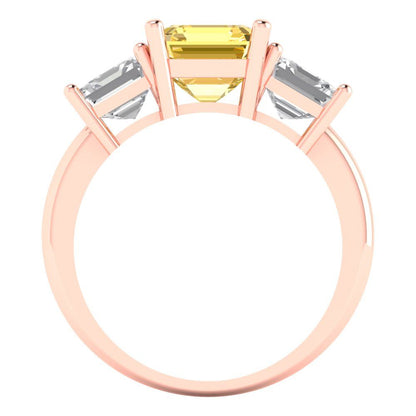4 cttw Zirconia Simulated Yellow Diamond Three-Stone Engagement Ring - Solid Gold (VVS1, Square Emerald Cut,7.0X7.0mm)