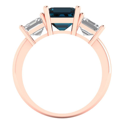 4 cttw Natural London Blue Topaz Three-Stone Engagement Ring - Solid Gold (Square Emerald Cut,7.0X7.0mm)