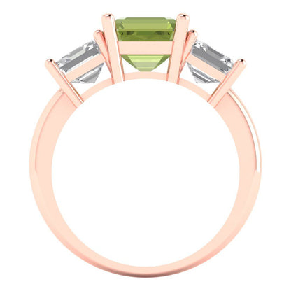 4 cttw Natural Peridot Three-Stone Engagement Ring - Solid Gold (Square Emerald Cut,7.0X7.0mm)