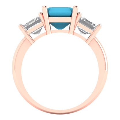 4 cttw Simulated Turquoise Three-Stone Engagement Ring - Solid Gold (Square Emerald Cut,7.0X7.0mm)