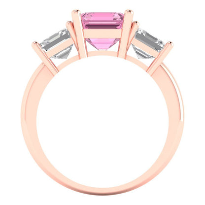 4 cttw Zirconia Simulated Pink Diamond Three-Stone Engagement Ring - Solid Gold (VVS1, Square Emerald Cut,7.0X7.0mm)