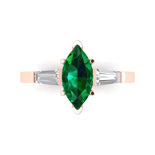 2 cttw Simulated Emerald Three-Stone Engagement Ring - Solid Rose Gold (VVS1, Marquise Cut,11x5.5mm)