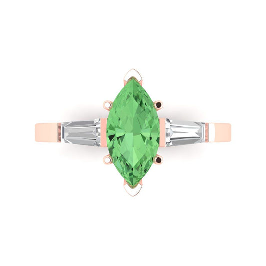 2 cttw Zirconia Simulated Green Diamond Three-Stone Engagement Ring - Solid Rose Gold (VVS1, Marquise Cut,11x5.5mm)