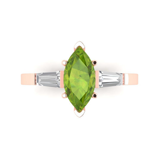 2 cttw Natural Peridot Three-Stone Engagement Ring - Solid Rose Gold (VVS1, Marquise Cut,11x5.5mm)