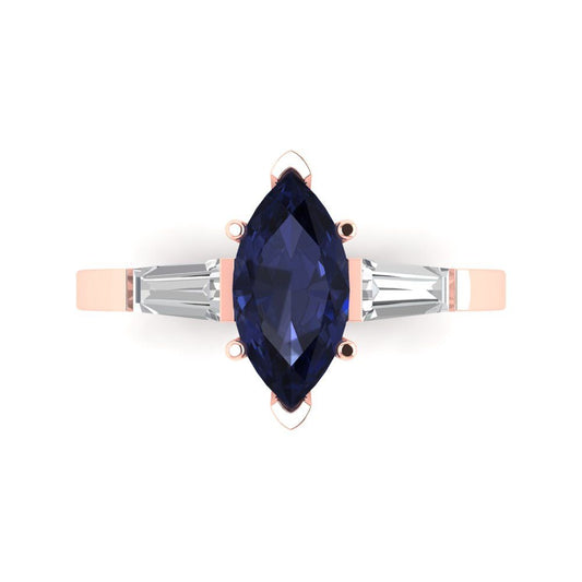 2 cttw Simulated Blue Sapphire Three-Stone Engagement Ring - Solid Rose Gold (VVS1, Marquise Cut,11x5.5mm)