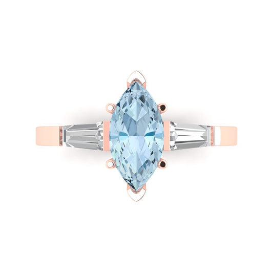 2 cttw Natural Aquamarine Three-Stone Engagement Ring - Solid Rose Gold (VVS1, Marquise Cut,11x5.5mm)
