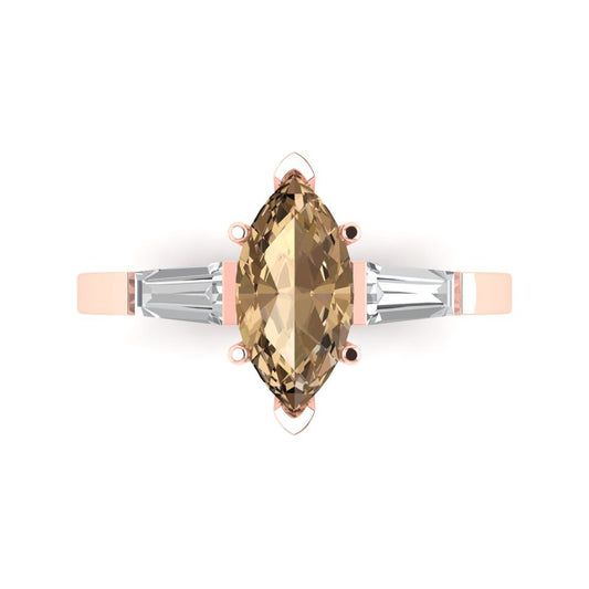 2 cttw Zirconia Simulated Champagne Diamond Three-Stone Engagement Ring - Solid Rose Gold (VVS1, Marquise Cut,11x5.5mm)
