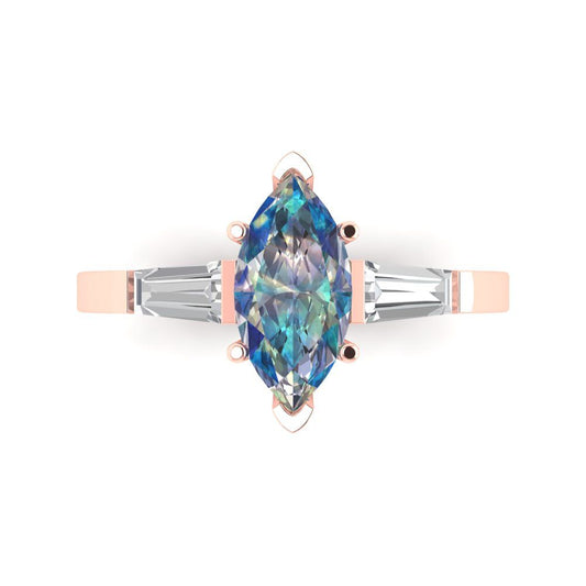 2 cttw Blue Moissanite Three-Stone Engagement Ring - Solid Rose Gold (VVS1, Marquise Cut,11x5.5mm)