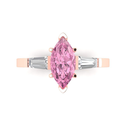 2 cttw Zirconia Simulated Pink Diamond Three-Stone Engagement Ring - Solid Rose Gold (VVS1, Marquise Cut,11x5.5mm)