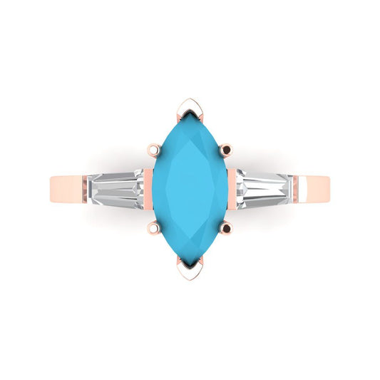 2 cttw Simulated Turquoise Three-Stone Engagement Ring - Solid Rose Gold (VVS1, Marquise Cut,11x5.5mm)