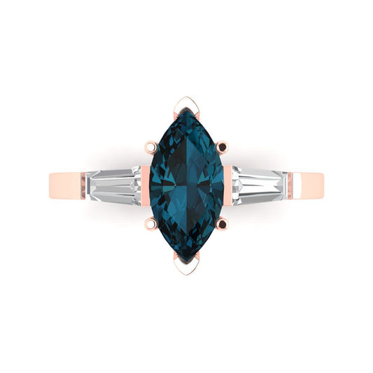 2 cttw Natural London Blue Topaz Three-Stone Engagement Ring - Solid Rose Gold (VVS1, Marquise Cut,11x5.5mm)