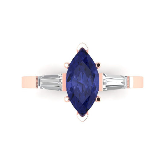 2 cttw Simulated Tanzanite Three-Stone Engagement Ring - Solid Rose Gold (VVS1, Marquise Cut,11x5.5mm)