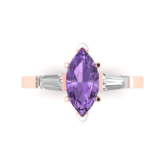 2 cttw Simulated Alexandrite Three-Stone Engagement Ring - Solid Rose Gold (VVS1, Marquise Cut,11x5.5mm)