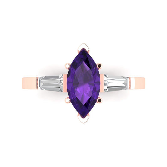 2 cttw Natural Amethyst Three-Stone Engagement Ring - Solid Rose Gold (VVS1, Marquise Cut,11x5.5mm)